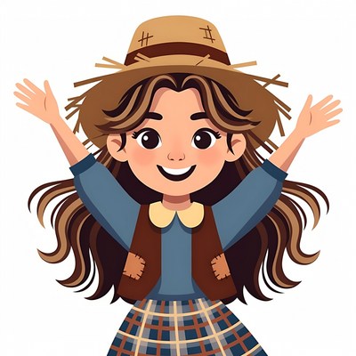 Happy girl in straw hat raising arms