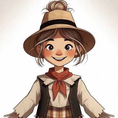 Cartoon girl in straw hat scarecrow outfit