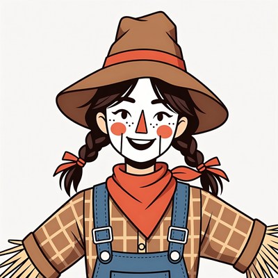 Cartoon Scarecrow Girl with Pigtails