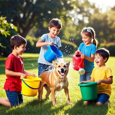 Children Washing Dog with Watering Cans