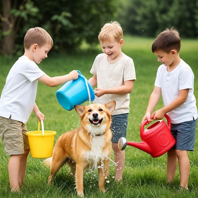 Boys washing golden retriever with buckets