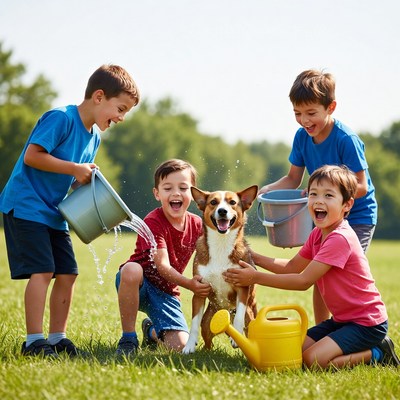 Boys watering dog with buckets