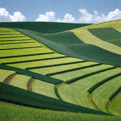 Green terraced fields under blue sky