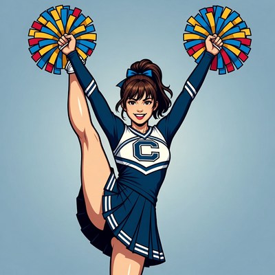 Cheerleader doing high kick with pom poms
