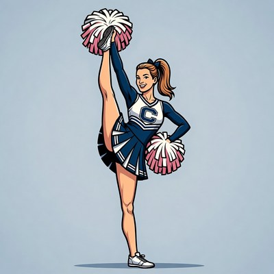 Cheerleader doing high kick with pom poms