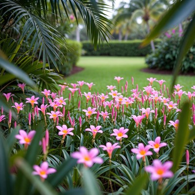 Pink Spider Lilies in Tropical Garden