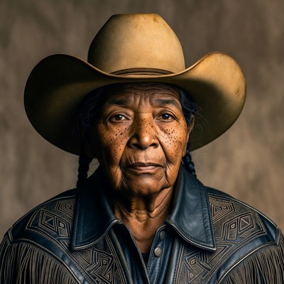 Elderly Indigenous woman in cowboy hat