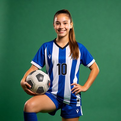 Girl holding soccer ball in uniform