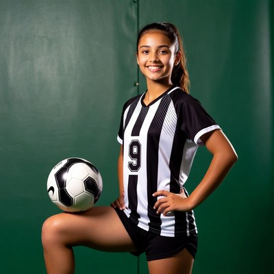 Girl in soccer jersey holding ball