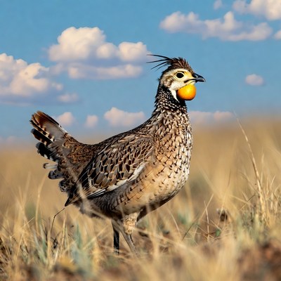 Greater Prairie Chicken holding orange