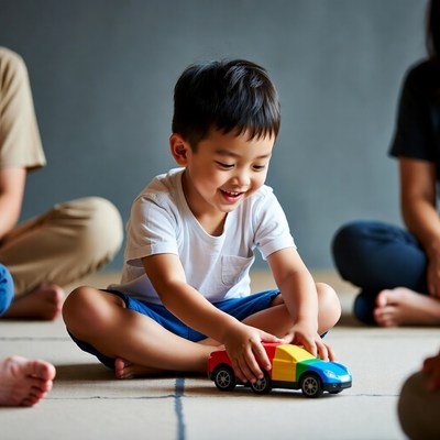 Asian boy playing with toy car