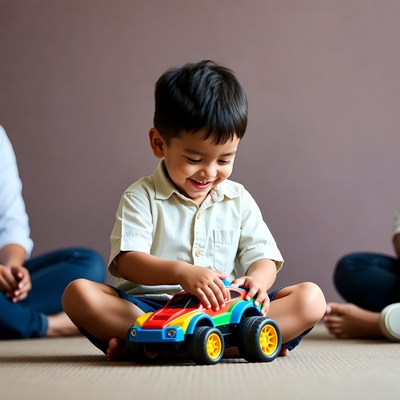 Asian boy playing with toy car