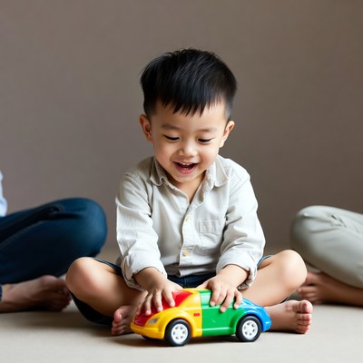 Asian boy playing with toy car