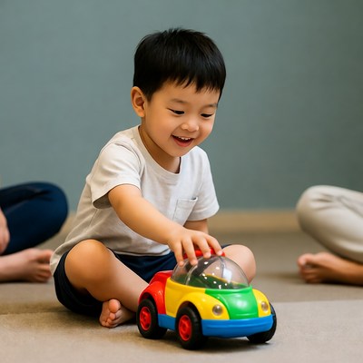 Asian boy playing with toy car