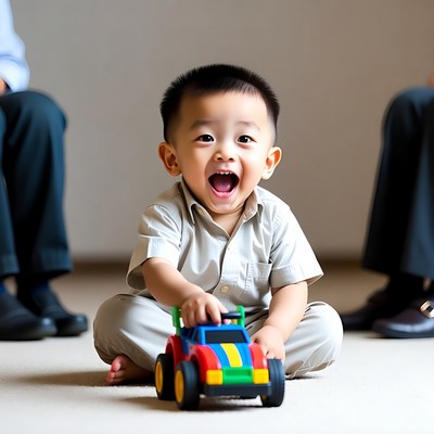 Asian baby boy playing toy car