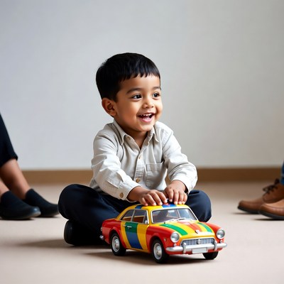 Asian toddler playing with toy car