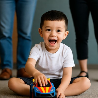 Happy boy playing with toy car