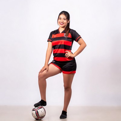 Asian woman in red black soccer uniform with ball
