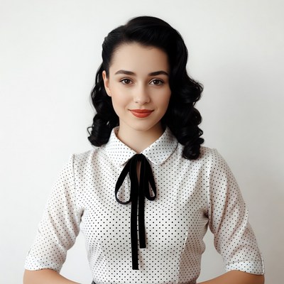 Woman in polka dot blouse with bow tie