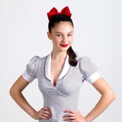 Young woman in polka dot dress with red bow