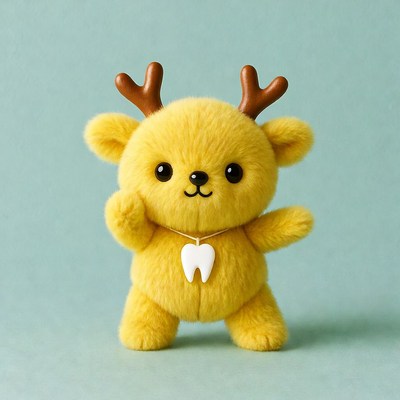 Yellow plush reindeer waving with tooth necklace