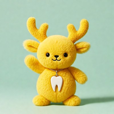 Yellow plush reindeer waving with tooth necklace