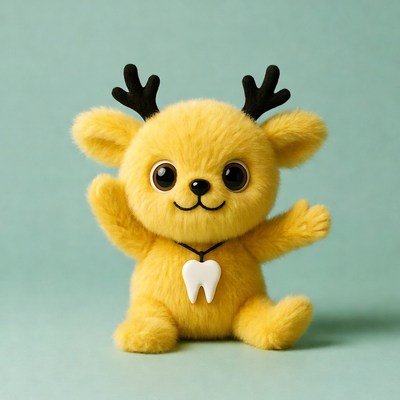 Yellow plush reindeer waving