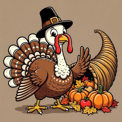 Cartoon Turkey with Pilgrim Hat and Cornucopia