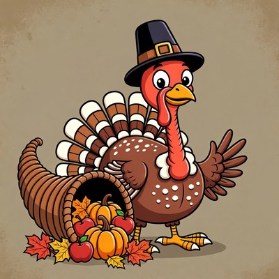 Cartoon Turkey with Pilgrim Hat and Cornucopia