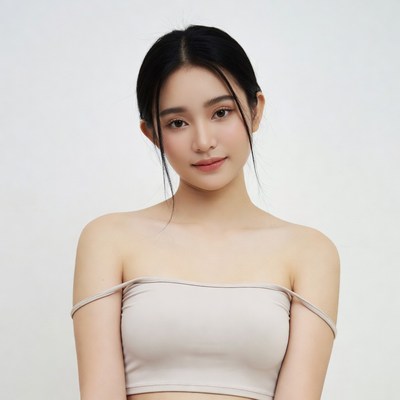 Asian woman in beige off-shoulder top