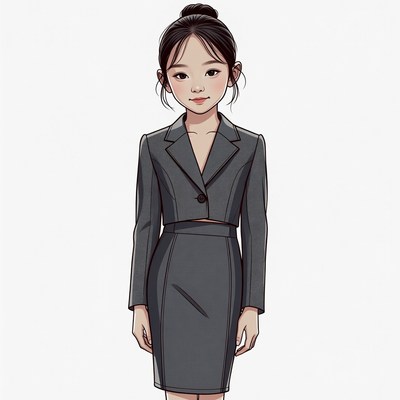 Asian girl in gray cropped blazer suit