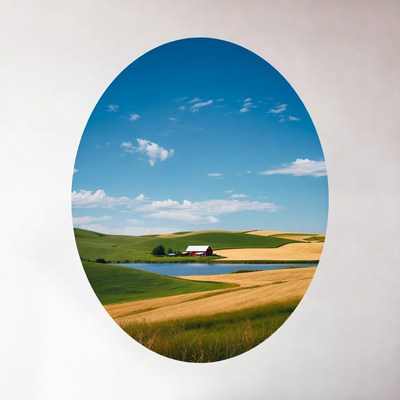 Red Barn in Green and Golden Fields