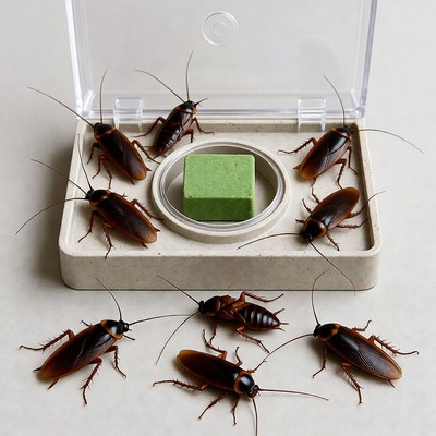 Cockroaches around green bait trap