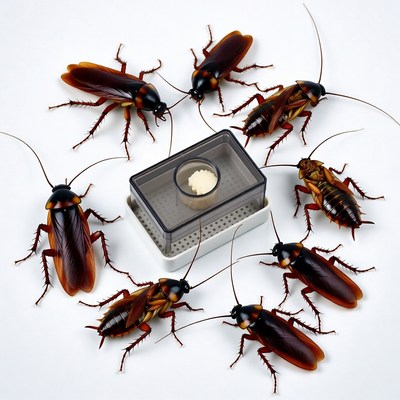 Cockroaches surrounding roach bait box