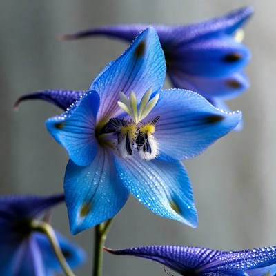 Blue flower with bee and water droplets