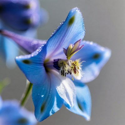 Blue flower with bee and dew