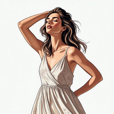 Woman in white dress raising arm