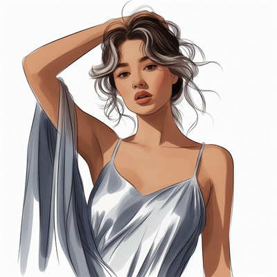 Asian woman in silver dress with hand in hair