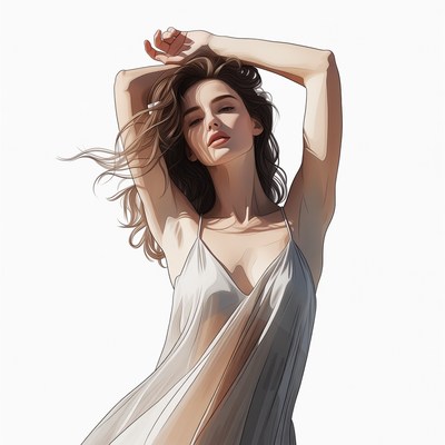 Woman raising arms in flowing dress