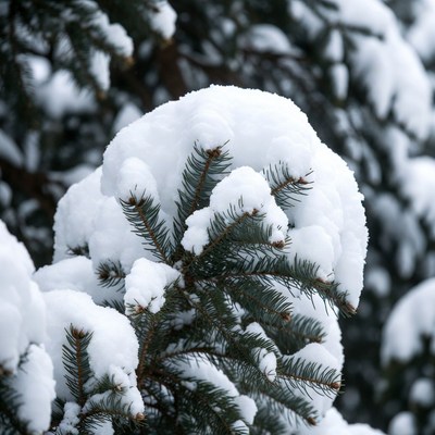 Snow-covered pine tree branches
