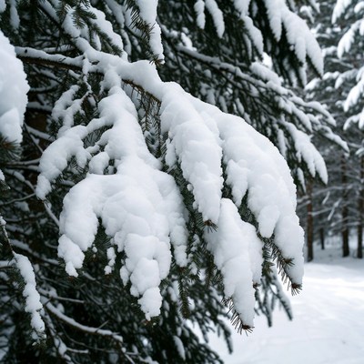 Snow-covered pine tree branches