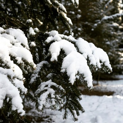 Snow-covered fir tree branches