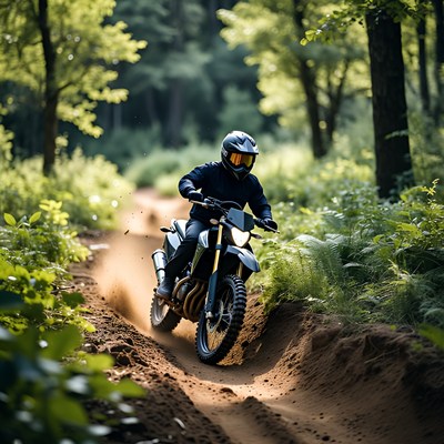 Man riding dirt bike in forest trail