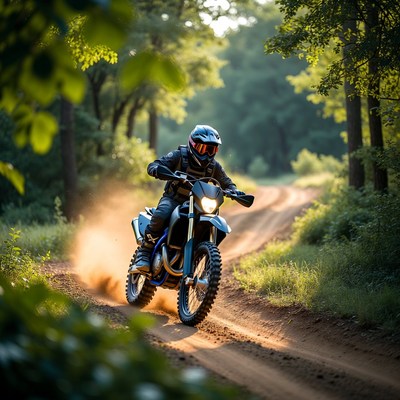 Man riding dirt bike on forest trail