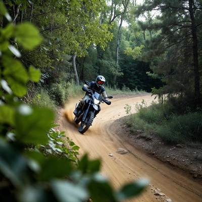 Motorcyclist riding dirt bike on forest trail