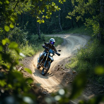 Man riding motorcycle on forest trail