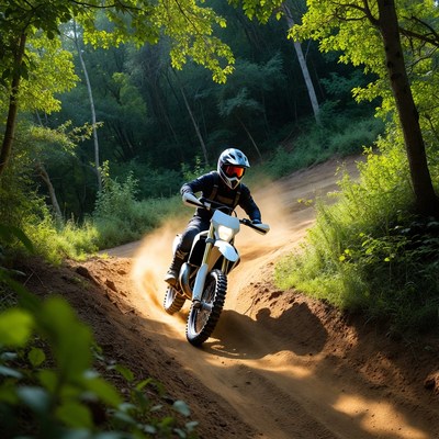Man riding dirt bike in forest trail