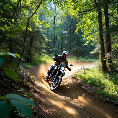 Man riding dirt bike in forest trail