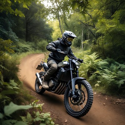Man riding motorcycle on forest trail