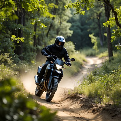 Man riding motorcycle on forest trail